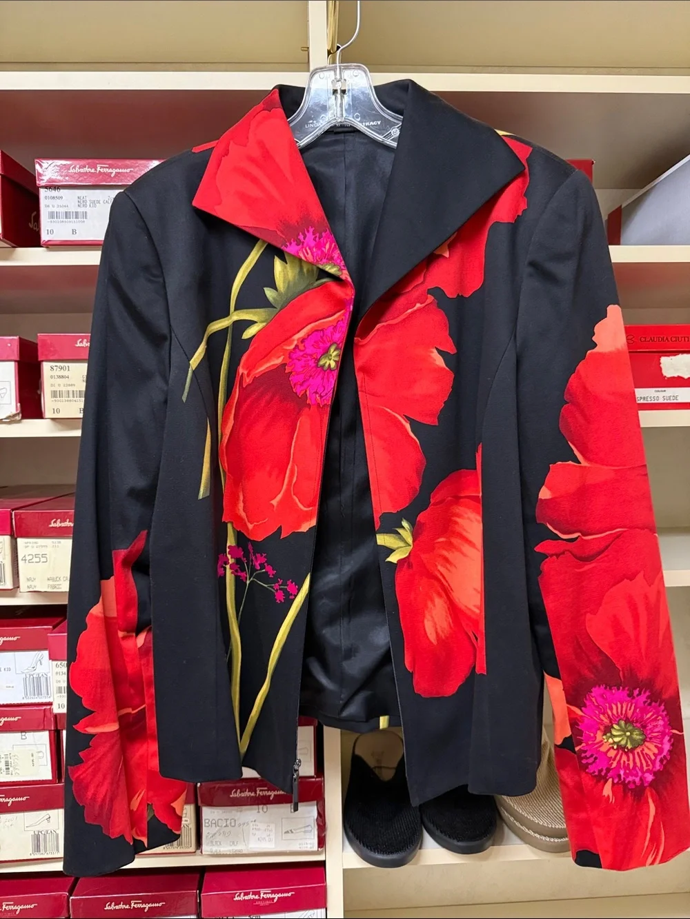 Ellen Tracy Black Jacket with Bold Red Floral Print